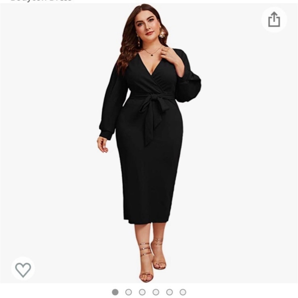Verdusa Women's Plus Size V Neck Lantern Sleeve Midi Belted Bodycon Dress